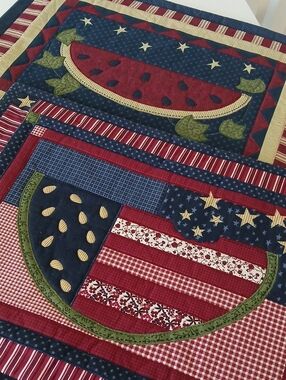 Sonoma Americana Quilted Placemats Set of 2 Stars Stripes Watermelon Reversible
